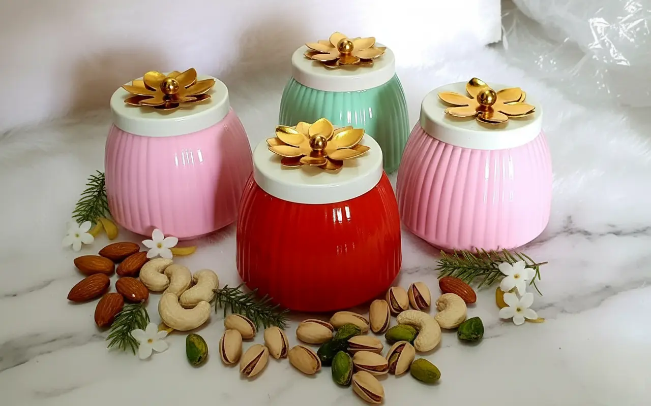 pot shaped metal dry fruit jar with lid for gifting
