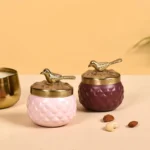 metal dry fruit jar with golden bird lid for gifting