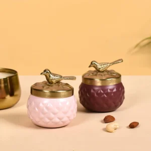 metal dry fruit jar with golden bird lid for gifting