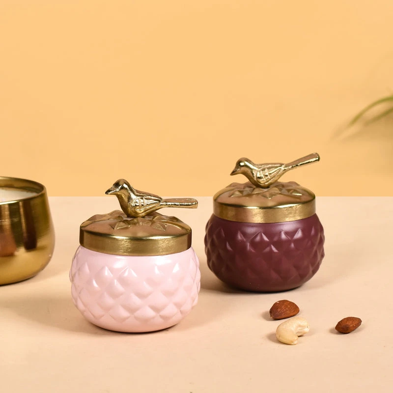 metal dry fruit jar with golden bird lid for gifting